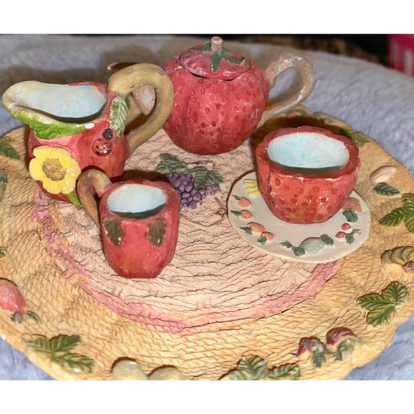 Vintage Albert E Price Miniature Strawberry Tea Set 7 Piece - Picture 1 of 8